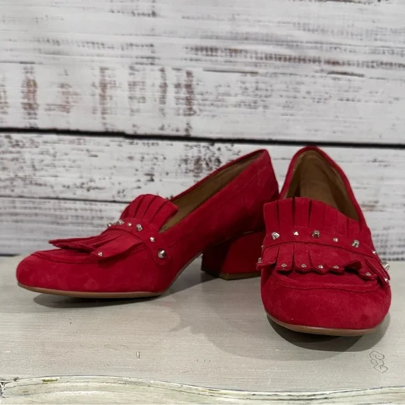 Franco Sarto Red Suede Women's Heeled Loafers - Picture 4 of 8